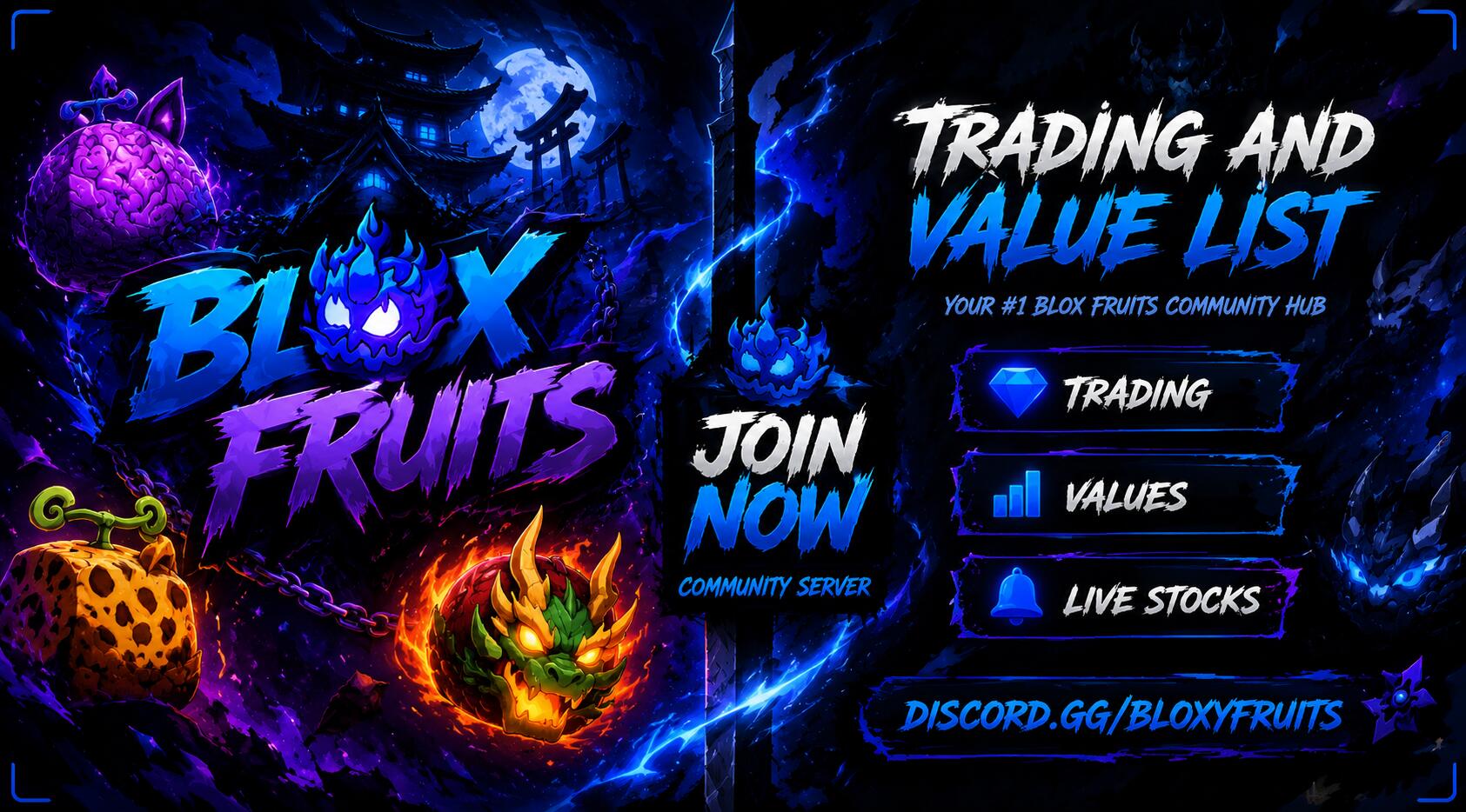 Discovery splash banner for Blox Fruits Trading Server Discord server