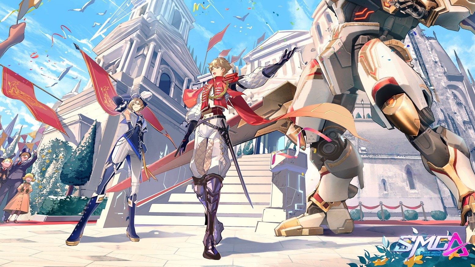 Discovery splash banner for Super Mecha Champions! Discord server