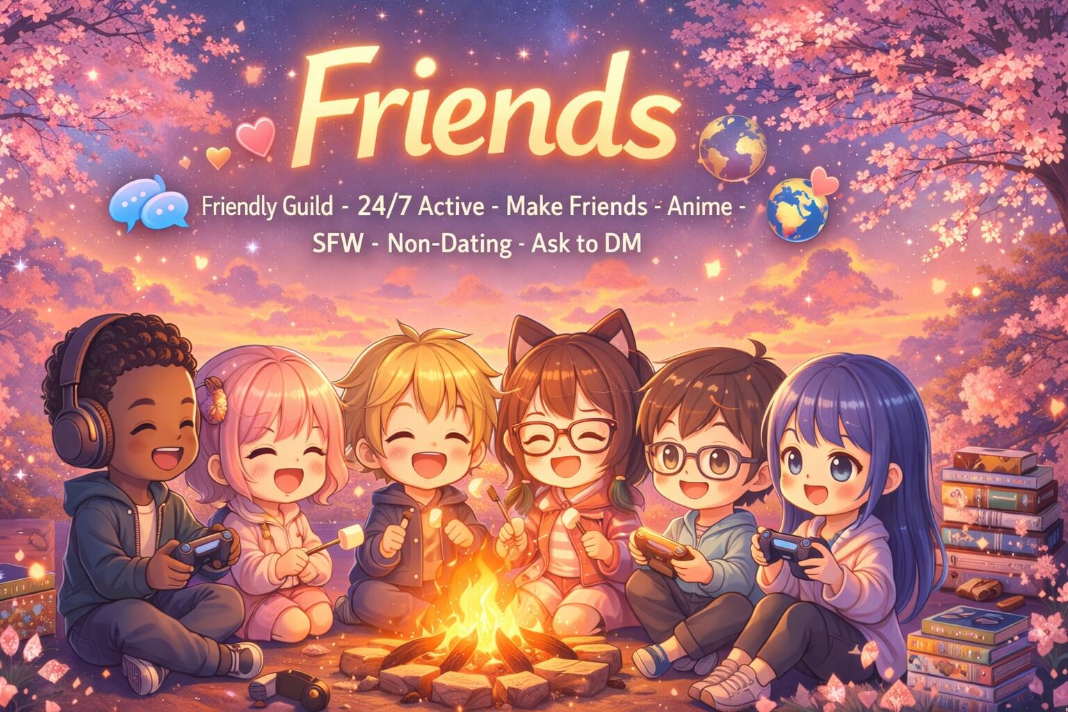 Discovery splash banner for Friends | Friendly ⋅ 24/7 Active ⋅ Make Friends ⋅ Anime ⋅ non dating ⋅ ask2dm ⋅ asktodm ⋅ sfw Discord server